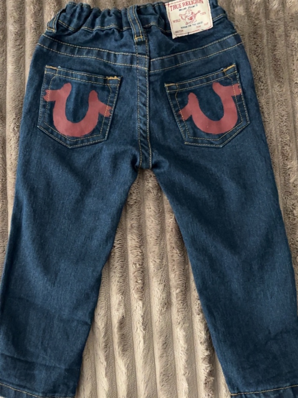 True Religion Straight Leg Dark Blue Jeans with Pink Back Horseshoe